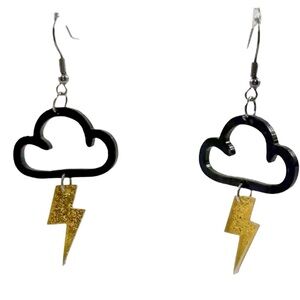 Halloween Cloud & Lightning Bolt Dangle Earrings Black Gold NWT Costume Jewelry